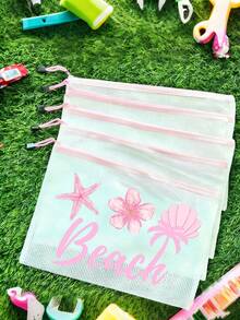 時尚防水PVC海灘包，印有「Beach」貝殼圖案，A4尺寸，透明化妝包、盥洗包，尼龍拉鍊，適合游泳、潛水、夏季度假，輕巧，海灘必備，旅行/開學必備，度假好伴侶 - 彩色 - 查看 6