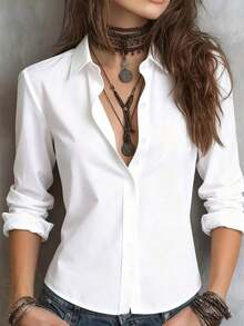 1 pieza Blusa elegante de unicolor de diseño de doble capa de poliéster para mujer, adecuada para vacaciones, uso diario, oficina y uso en el hogar en primavera/verano, color negro - Blanco - Ver 2