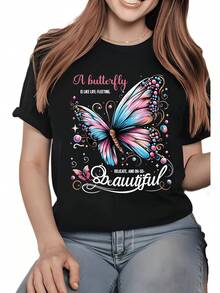 Women's T-Shirt With Butterfly Print, Short Sleeves And Casual Style, 100% Durable And Comfortable Cotton, Round Neck, Soft And Pretty, Model LA180g 100% Cotton. - 黑色 - 查看 1