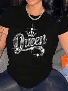 Camiseta con estampado de reina y, top casual de manga corta y cuello redondo, ropa de mujer - Negro - Ver 5