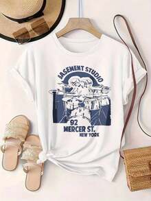 Vintage Basement Studio Drum Set 92 Mercer St New York Camiseta Casual Estampada de Moda para Mujer Adecuada para Todas las Temporadas  
 BlackFashion - Blanco - Ver 2