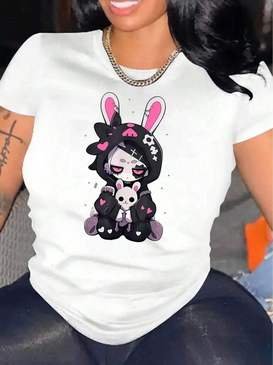 Camisetas de manga corta de talla grande para mujer, ideales para el verano, tops básicos para el día a día, con estampado creativo de conejo, cuello redondo, manga corta, estilo casual y deportivo, camiseta cómoda para el verano, adecuada para vacaciones, transpirable y cómoda. - Blanco - Ver 1