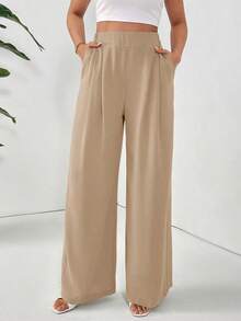 Pantalones holgados básicos casuales de cintura alta de unicolor, plisados y de pierna ancha para mujer - Caqui - Ver 3