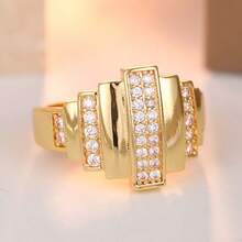 Vintage Staircase Design Men's Ring, Synthetic Zirconia Inlaid, Lightweight Luxurious Material, Versatile Daily Wear Ring - Gold - View 12