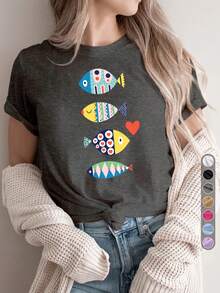Camiseta deportiva casual vintage para mujer, camiseta de cuello redondo, estampado de peces coloridos, juvenil y a la moda, ropa de vacaciones, temática de verano, diseño de peces en forma de corazón, peces, colorida, cómoda para todas las estaciones. - Blanco - Ver 10