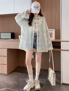 Plaid Long Sleeve Lightweight Loose Fit Casual Sunscreen Shirt For Women, Summer - Green - View 4