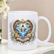 [Ships Within 24 Hours Locally In Mexico][Ships Within 24 Hours Locally In Mexico] 1 Ceramic Mug With Elegant Angelic Jesus Christ Design - Inspirational Heavenly Art With Roses, Doves And "Jesus Christ" Text, Dishwasher , Durable And Reusable For Hot/Cold Drinks - Gift - Gambar 1 PCS - View 2