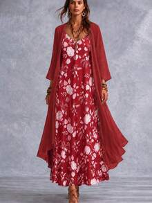 Spring/Summer Plus Size Women's Elegant Floral Print Spaghetti Strap V-Neck Dress With 3/4 Sleeve Sheer Cardigan Two Pieces Set Vacation - Red - View 1