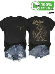 T-shirt negra estampada Actin' Up estilo vaquero con diseño de cactus y toro en el desierto perfecta para verano lavable a máquina cómoda ligera para hombre y mujer ideal para fiestas y casual looks blusa de moda autentica playera unisex atmosfera mexicana casual sofisticada(Casual style, retro style, unisex) - Negro - Ver 7