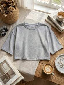 Blusa de mujer de cuello redondo, manga corta, holgada y casual, de estilo minimalista, elegante y sexy Y2K, adecuada para uso diario, oficina, hogar, exterior, primavera/verano - Gris Claro - Ver 2