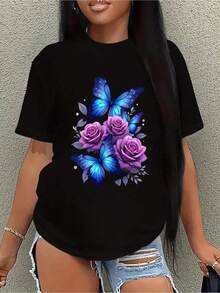 Camiseta negra elegante de tela gruesa con un diseño de mariposa y rosa en azul brillante y morado. |   Camiseta casual de verano de manga corta y cuello redondo, camisa con diseño de mariposa. Idea de regalo. - Negro - Ver 7