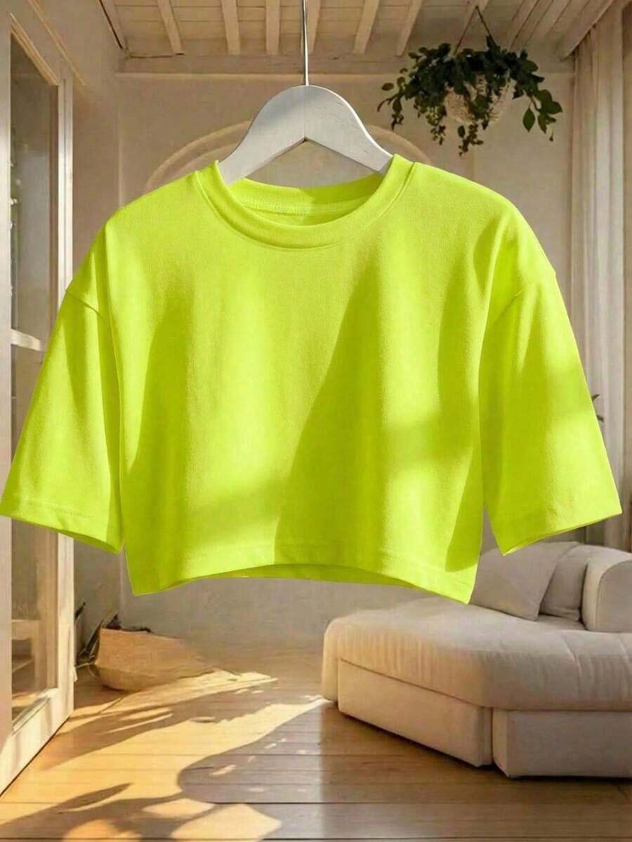 Blusa de mujer de cuello redondo, manga corta, holgada y casual, de estilo minimalista, elegante y sexy Y2K, adecuada para uso diario, oficina, hogar, exterior, primavera/verano - verde fluorescente - Ver 1