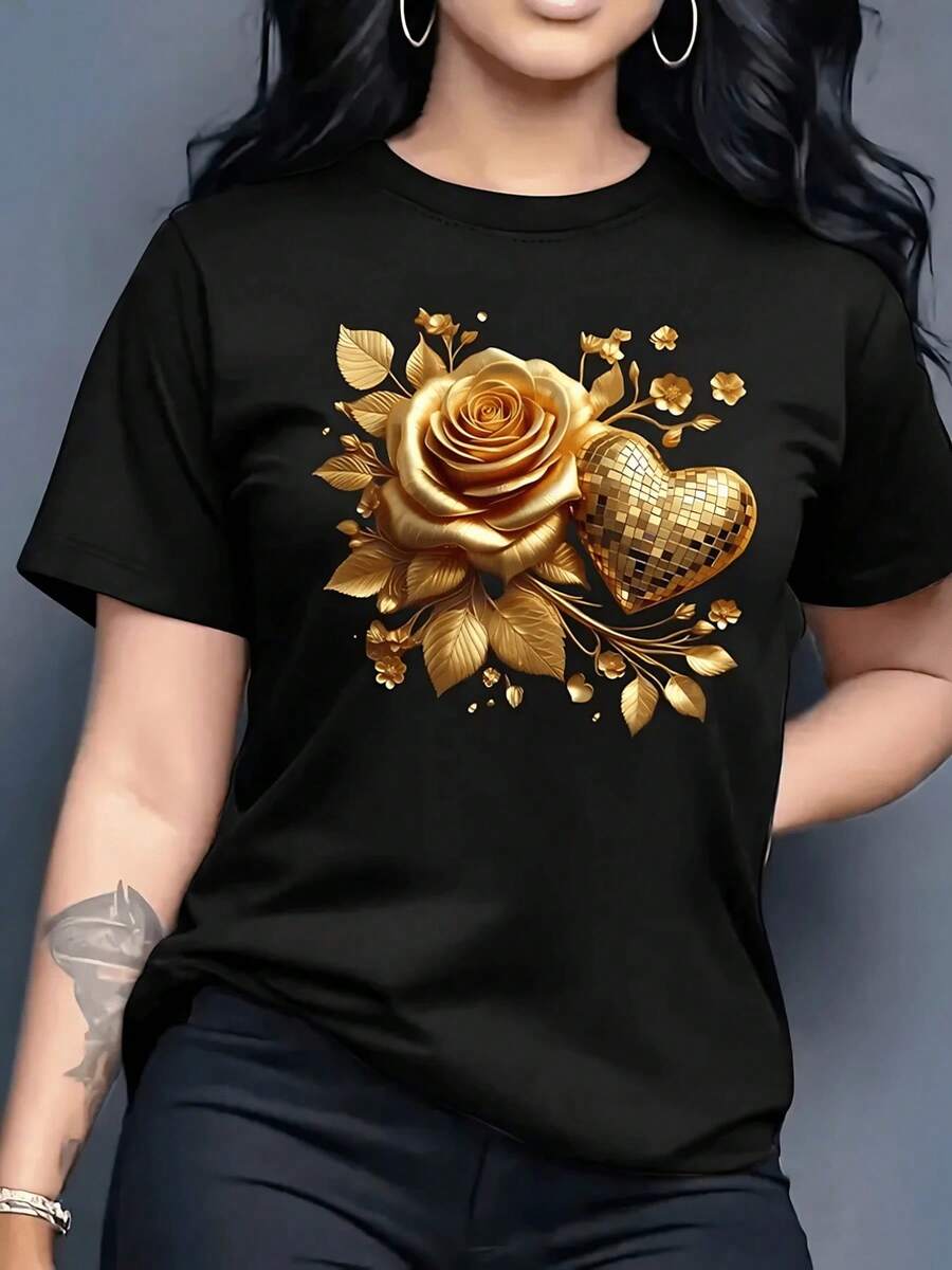 Women's Soft Cotton Black T-Shirt With Gold Floral Design, Rose And Sparkly Heart, Elegant Graphic Print, Casual Summer Fashion, Comfortable - 黑色 - 查看 1