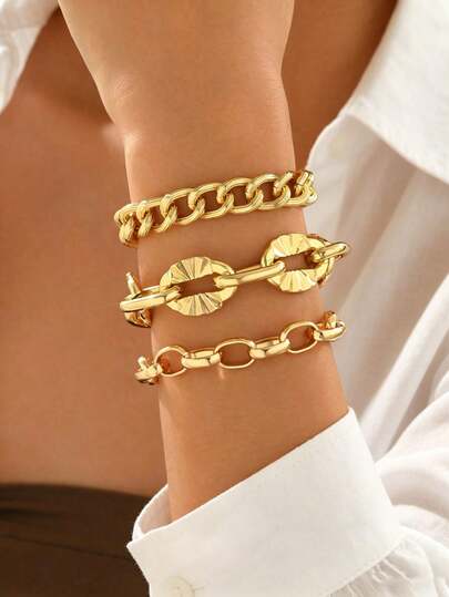 3pcs Exaggerated Metal Geometric Multi-Layer Thick Chain Bracelet Set, Vintage Fashion Chunky Chain Bracelet Combination Suitable For Daily Wear, Party, Date, Vacation