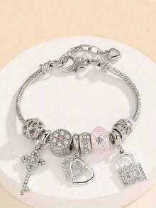 1 chiếc vòng tay charm nữ đeo hàng ngày, kiểu dáng dây rắn, khóa hình trái tim đính đá, màu bạc, họa tiết lãng mạn, thích hợp cho ngày Valentine. - Nhiều màu - Xem 5