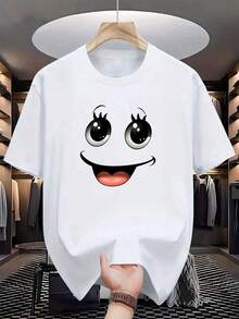 Camiseta blanca de manga corta y cuello redondo para mujer con un divertido estampado de una carita graciosa. - Blanco - Ver 2