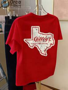 Camiseta de manga corta de estilo casual vintage, con estampado en la parte delantera y trasera, que presenta un mapa de Texas y el diseño de la palabra "Gilley's", adecuada para el uso diario en verano, ideal como regalo para parejas y amigos. - Rojo - Ver 3