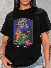 Colorful Illustration With Detective Mice And A Helper Dog Solving Mysteries In A Victorian Setting With A Magnifying Glass And Hat. Comfortable And Breathable Casual Women's T-Shirt For Everyday Wear. - 黑色 - 查看 6