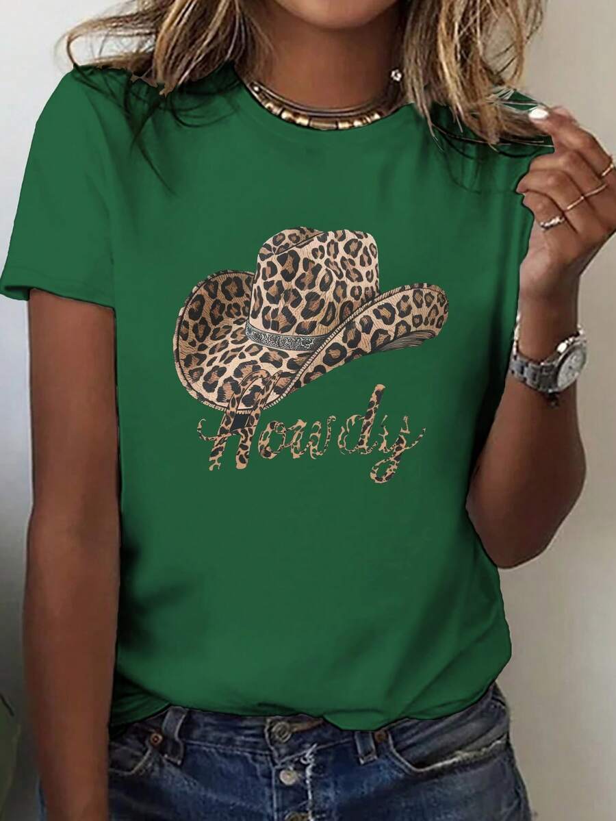 Casual T-Shirt With Cowboy Hat And Leopard Print, Short Sleeve, Round Neck, Casual Top For Summer And Spring, Women's Clothing, 100% Cotton, Durable - 綠色 - 查看 1