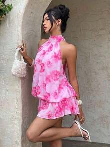 Vestido mini elegante de mujer con cuello halter y lazo en color amarillo claro - Rosa - Ver 9