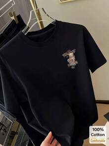 Women's Plus Size Custom Cartoon Teddy Bear Print Mid-Length Short-Sleeve T-Shirt, Loose Fit And Slimming Design, Casual Style, White, Summer Vintage Urban Style, Loose Cotton, Round Neck And Short Sleeve. - 黑色 - 查看 2