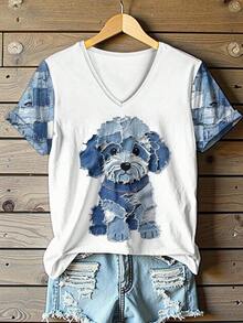 Camiseta Personalizada con Estampado Gráfico de Perro Estilo Patchwork Vintage, Top Minimalista de Manga Corta y Cuello Redondo para Mujer, Adecuada para Uso Diario - Camiseta de Algodón de Manga Corta y Cuello Redondo Estilo Vintage Urbano. - Blanco - Ver 7