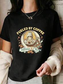 Camiseta de mujer con estampado "Impulsada por el café" Blusas Bonito 100% Cotton - Negro - Ver 3