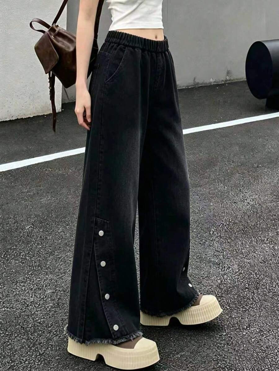 女童及青少年休闲时尚修身染色开衩喇叭牛仔裤,适合所有季节 - 黑色 - 查看 1
