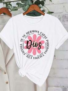 Nuevas llegadas para el verano. Camiseta de manga corta con cuello redondo y estampado informal para mujer Howell All-Match, blusa blanca de verano, camisa > Hermosa. - Blanco - Ver 1