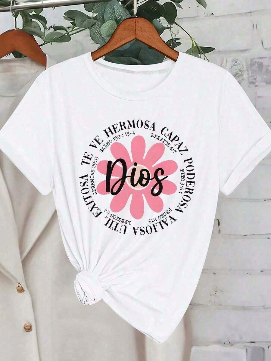 Nuevas llegadas para el verano. Camiseta de manga corta con cuello redondo y estampado informal para mujer Howell All-Match, blusa blanca de verano, camisa > Hermosa. - Blanco - Ver 1
