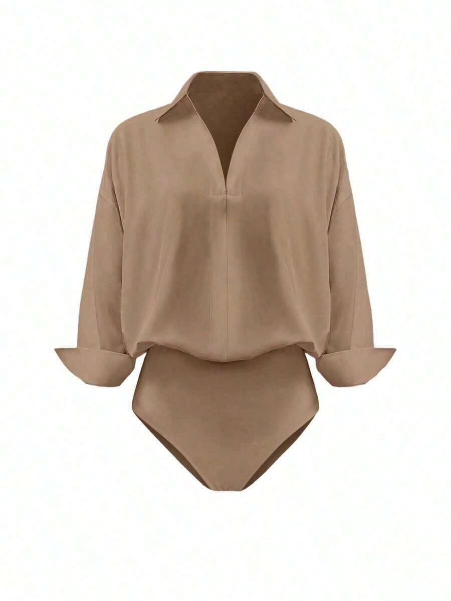 Body de manga larga y unicolor elegante para mujer - Marrón Mocha - Ver 1