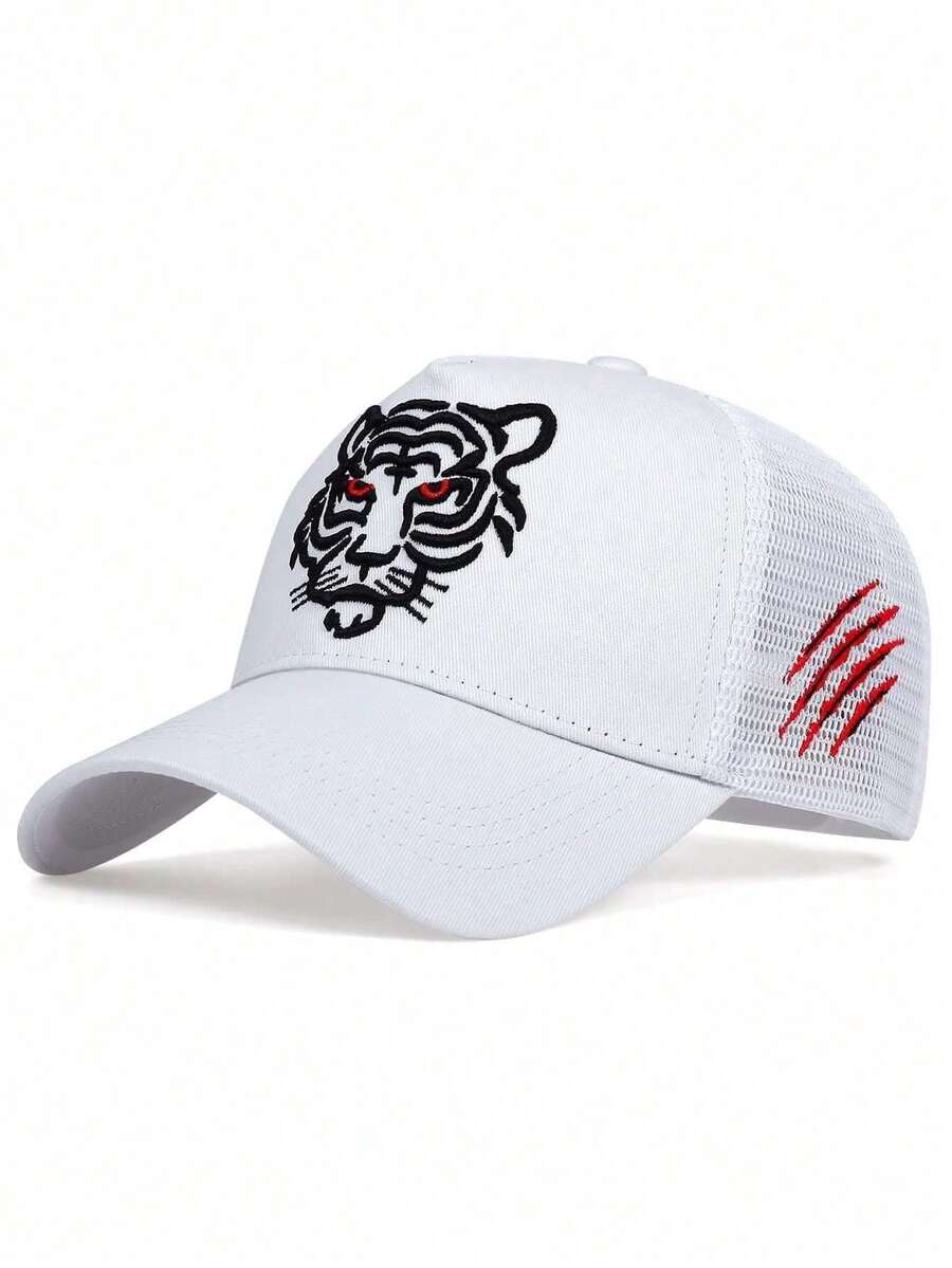 1pc Men's Tiger Head & Claw Print Embroidered Baseball Cap, Adjustable Outdoor Sun Protection Casual Hat, Spring/Summer - White - View 1