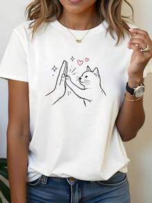 T-Shirt With Graphic Print Of A Person And A Cat Shaking Hands, Short Sleeves And Round Neck, Casual Top For Summer And Spring, Women's Clothing - 白色 - 查看 1