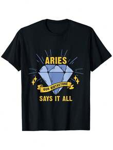 Camiseta del Signo Zodiacal Aries - Diseño gráfico "Nuestra Piedra Natal dice todo" con gema azul y símbolo de Aries, 100% unisex, informal, de cuello redondo y manga corta para hombres y mujeres, ropa de astrología cómoda para todas las estaciones (tallas S-XXXL) - Regalo de cumpleaños ideal para la temporada de Aries (21 de marzo - 20 de abril). - Negro - Ver 1