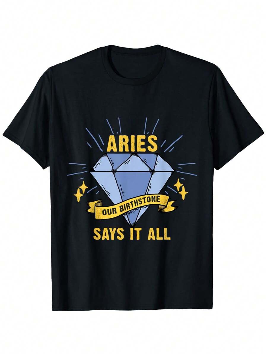Camiseta del Signo Zodiacal Aries - Diseño gráfico "Nuestra Piedra Natal dice todo" con gema azul y símbolo de Aries, 100% unisex, informal, de cuello redondo y manga corta para hombres y mujeres, ropa de astrología cómoda para todas las estaciones (tallas S-XXXL) - Regalo de cumpleaños ideal para la temporada de Aries (21 de marzo - 20 de abril). - Negro - Ver 1