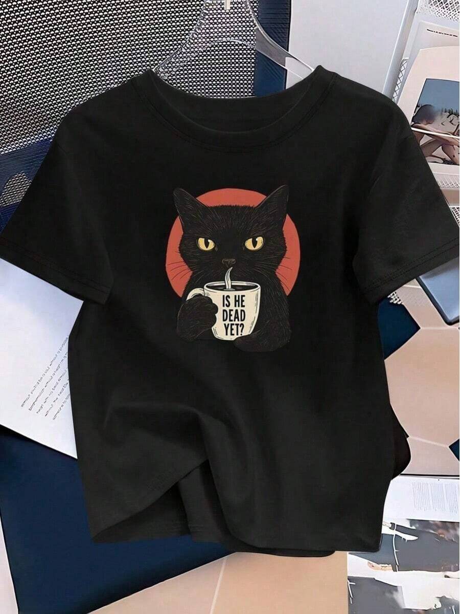 Diseño Sencillo y Versátil, Camiseta Casual Elegante para Mujer con Estampado de Gato Negro - "¿Ya estoy muerta?" Diseño divertido, cuello redondo, manga corta, tela no elástica, perfecto para primavera y verano, tallas S-XXXL, camiseta de algodón con diseño de gato. - Negro - Ver 1