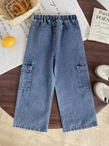 Boys' Casual Cargo Jeans, Versatile For All Seasons, Side Pockets, Loose Straight Fit Workwear Denim Pants - Blue - View 6