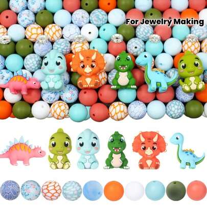 25/44pcs Cute Dinosaur Theme Silicone Bead Set, Including Tyrannosaurus Rex, Stegosaurus, Spinosaurus, Cartoon Dinosaurs, Blue Velociraptor, Triceratops Cartoon Designs, Suitable For Jewelry Making, DIY Bracelets, Lanyards, Beaded Pens, Holiday Decorations, And Other Crafts - Ideal Gift - Beading Set, Beading Supplies