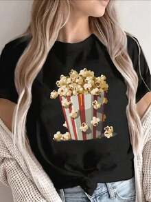 Camiseta de manga corta de algodón puro con estampado a rayas, diseño ligero y duradero para uso casual en casa, cine o restaurante, camisa de mujer, camisa casual de mujer, camisa de mujer, camisa casual de mujer. - Negro - Ver 1