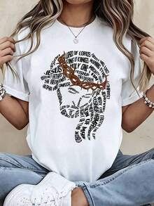 SummerCamiseta Blanca con Estampado de la Corona de Espinas de Jesús y Texto Religioso, Declaración de Fe Cristiana, para Uso en la Iglesia y Uso Diario |     Fe cristiana |     Versículos bíblicos/Huellas de Jesús |     Algodón puro, suave y transpirable |     Para uso diario/En la iglesia |     Preferida por los creyentes y como regalo. Camiseta de manga corta para mujer, estilo básico para uso interior y exterior. - Blanco - Ver 3