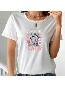 Camiseta Estampada para Mujer con Colorido Gráfico de Gato y Texto - Camiseta Casual de Manga Corta y Cuello Redondo, Con Corte Relajado para Todas las Estaciones, Perfecta para Uso Diario y Atuendos de Vacaciones (Lavable aáquina). - Blanco - Ver 1
