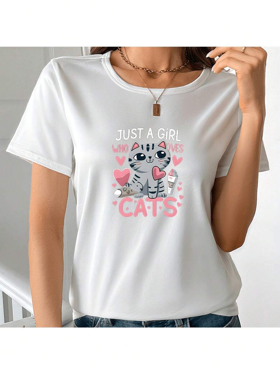 Camiseta Estampada para Mujer con Colorido Gráfico de Gato y Texto - Camiseta Casual de Manga Corta y Cuello Redondo, Con Corte Relajado para Todas las Estaciones, Perfecta para Uso Diario y Atuendos de Vacaciones (Lavable aáquina). - Blanco - Ver 1