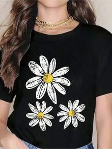Camiseta con Estampado de Margaritas Negras para Mujer, Top Casual de Verano de Manga Corta con Diseño Floral Amarillo en el Centro para Uso Diario y Conjuntos de Playa - Negro - Ver 1