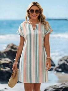 Vestido corto minimalista casual con cuello en V, adecuado para primavera y verano, ropa de verano para mujer, a rayas de colores, ropa de resort para mujer - Multicolor 8 - Ver 3