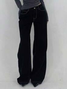 Pantalones vaqueros versátiles y casuales de mujer con bolsillos y estampado de leopardo, estilo Y2K - Negro - Ver 2