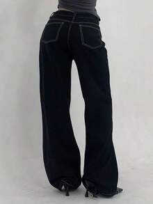 Pantalones vaqueros versátiles y casuales de mujer con bolsillos y estampado de leopardo, estilo Y2K - Negro - Ver 5