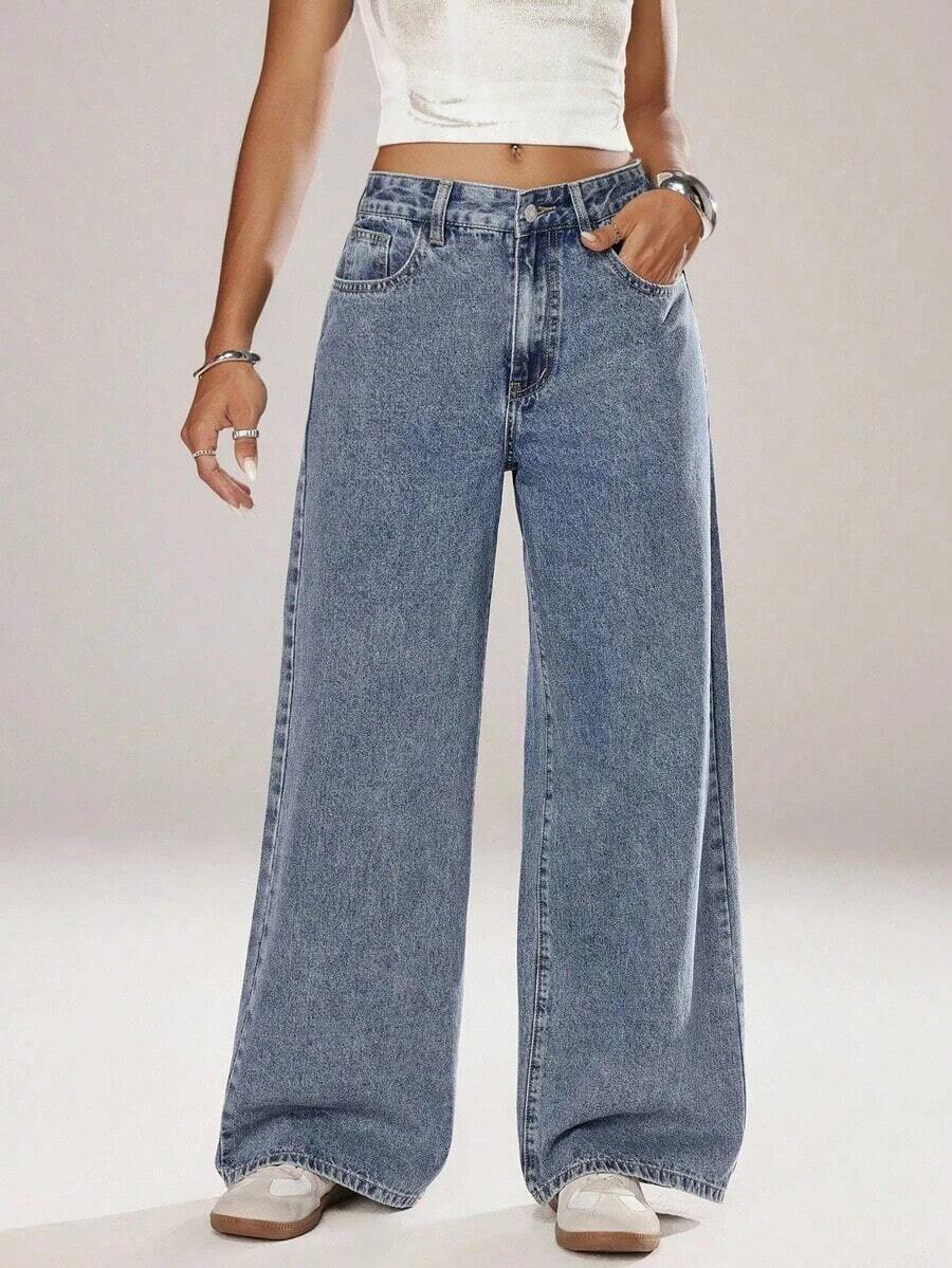 Unity Jeans de mezclilla lisos y casuales para mujer - Azul lavado medio 2 - Ver 1