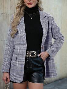 大尺碼女款優雅時尚西裝外套，復古格紋，通勤休閒雙用途長袖格紋夾克，大尺碼女款格紋西裝外套 - 淺灰藍條 - 查看 4