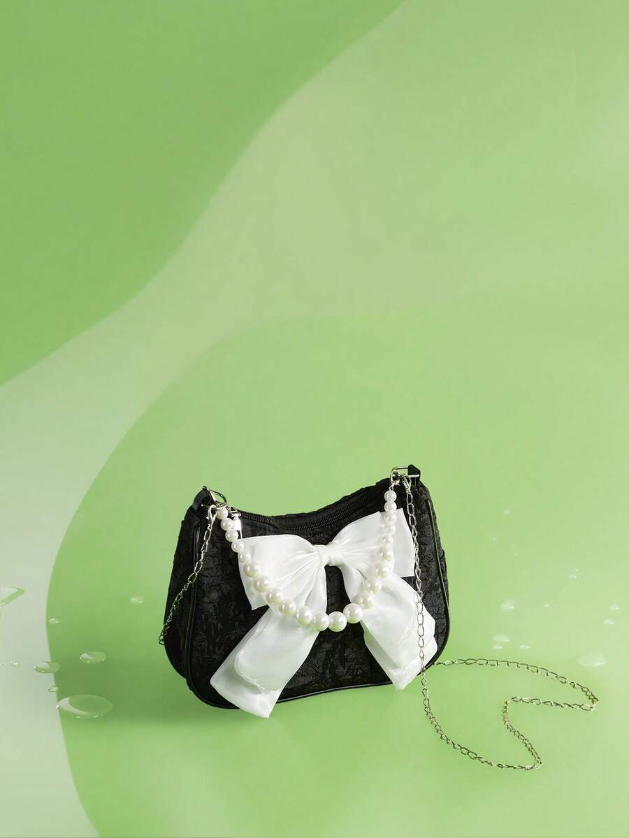 Trivaya Bolso de mano con correa de perlas sintéticas de moda para mujer, bolso de hombro para uso diario - Negro - Ver 1