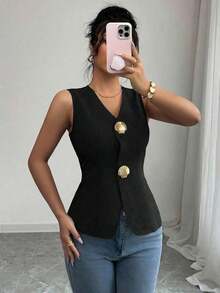 Blusa exterior con cuello en V ajustada con decoración de botones dorados con rosas - Negro - Ver 5